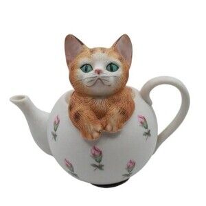 Vintage Cat Theme Music Box Kitten in a Tea Pot Ceramic Floral Pattern Japan
